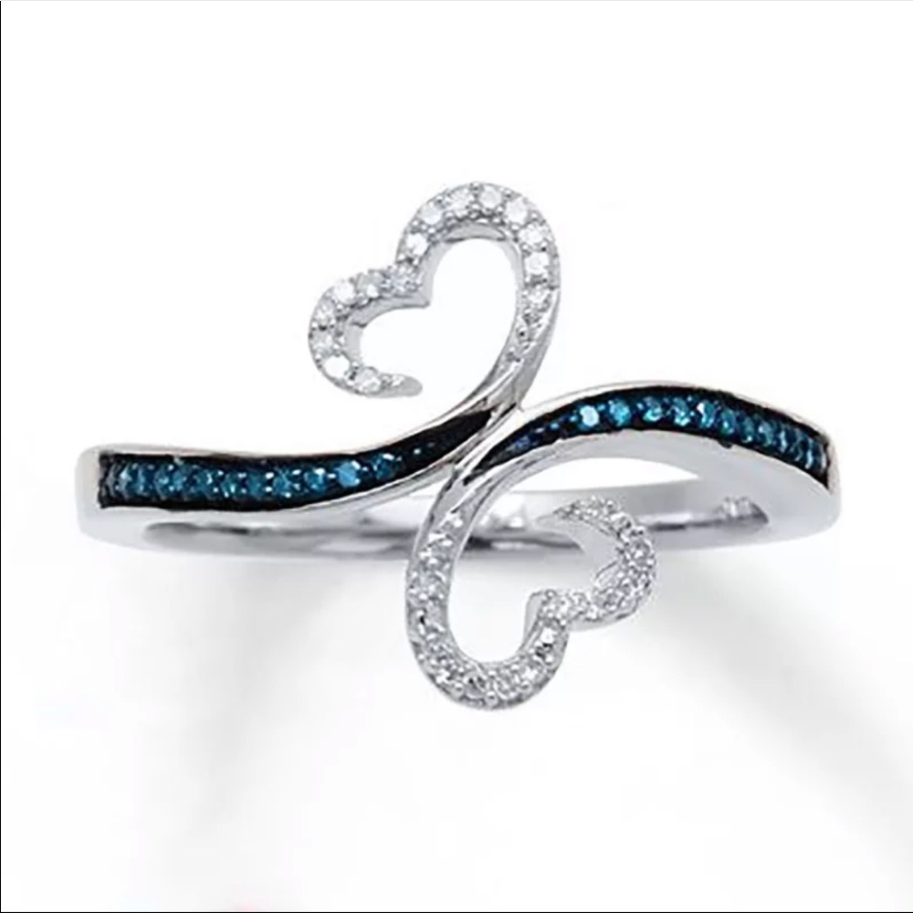 Romantic ๐2 Hearts 925 Silver Sapphire Ring New - Picture 4 of 4